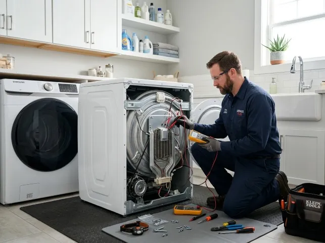 Appliance Repair Hero technician checking a dryer heating element with the rear panel off in Brookline, MA
