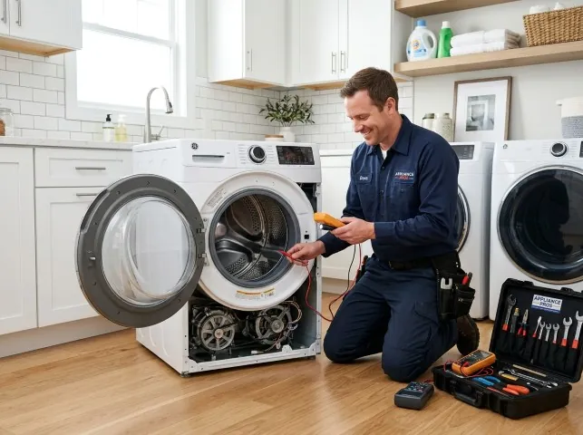 Appliance Repair Hero technician testing a front-load washer with a multimeter on a Brookline, MA service call